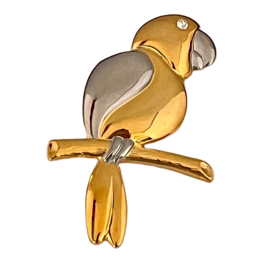 Vintage 1980s Parrot Brooch Gold Silver Tone Rhinestone Bird NOS - 1J